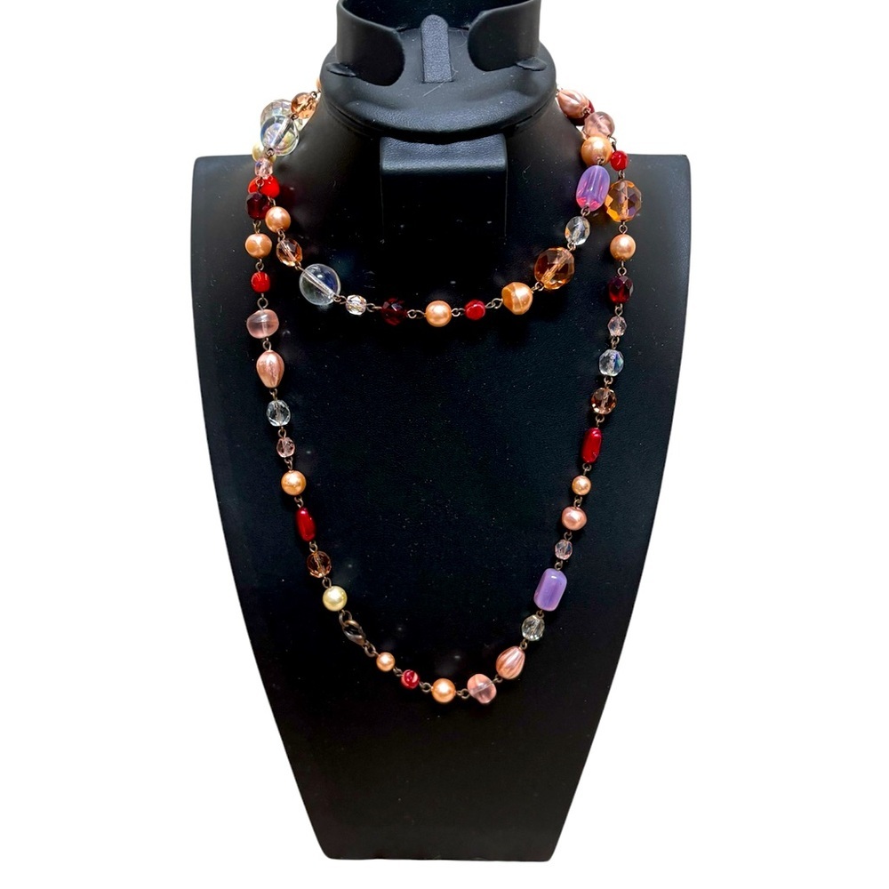 Genuine Pearl Bohemian Red Purple Pink Beaded Gemstone Necklace 17 inch EUC